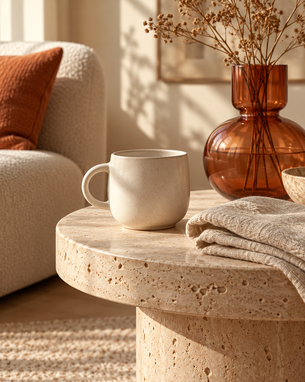 Warm home interior with ceramic mug and linen